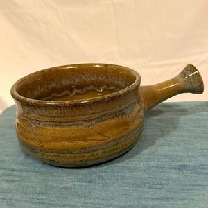 Pottery Soup Stew Bowl with Flared Handle Small Brown & Blue Hand Built Art